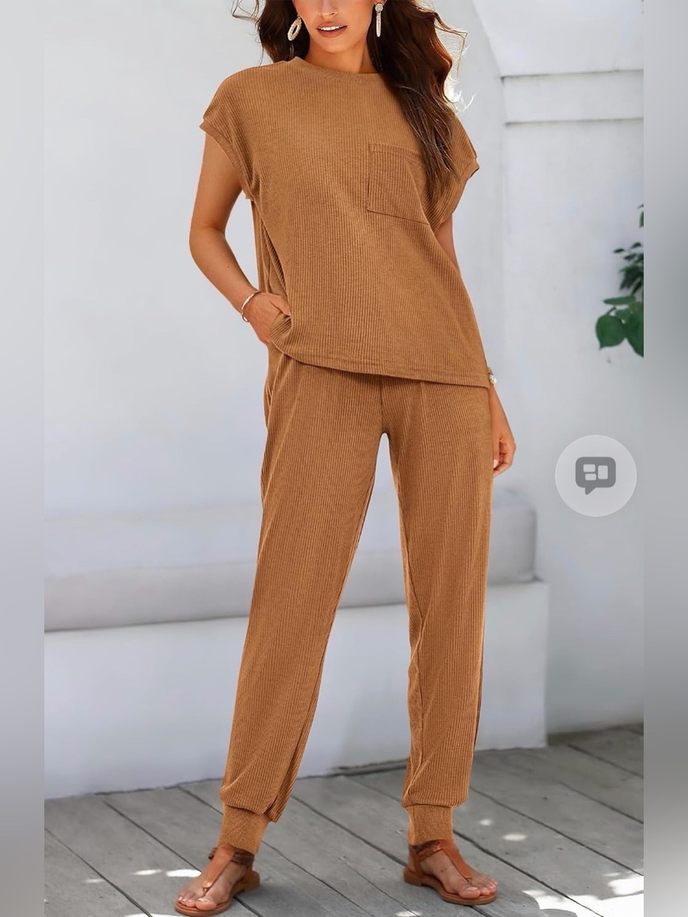 Ribbed Short-Sleeve Jumpsuit Set in Camel by Unknown Brand